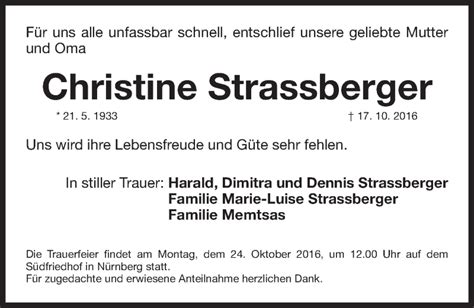 Traueranzeigen Von Christine Strassberger Trauer Nn De