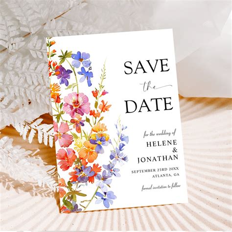 Wildflower Save The Date Template Printable Botanical Watercolor Floral