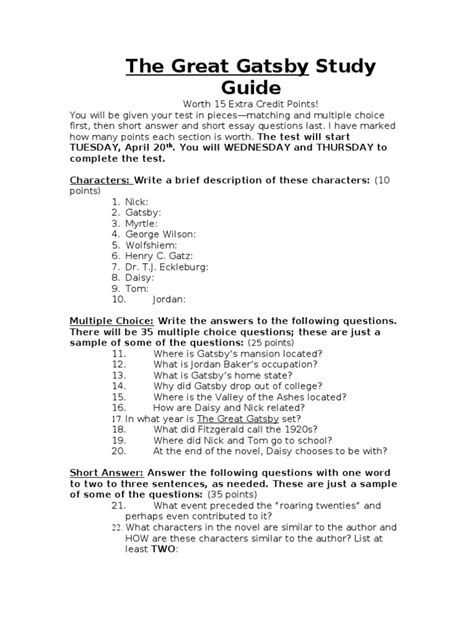 Study Guide For The Great Gatsby The Great Gatsby