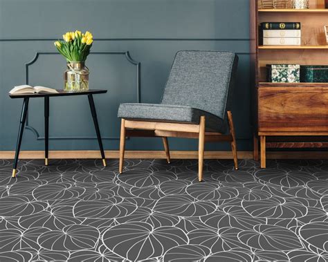 Lineart Tropical Leaves Vinyl Flooring Gray Decorative Flooring White Vinyl Sheet Floor Plant