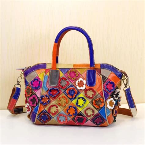 New 100 Tote Colorful Genuine Leather Handbags Women Fashion Patchwork