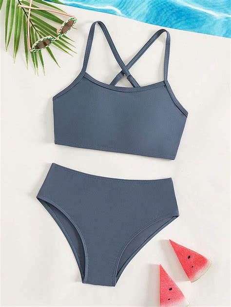 Tween Girl Solid Criss Cross Bikini Set Summer Beach Shein Usa