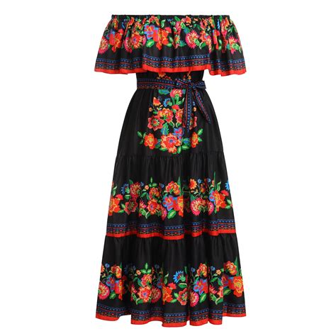 Ibtom Castle Womens Mexican Dress Floral Print Smocked Traditional