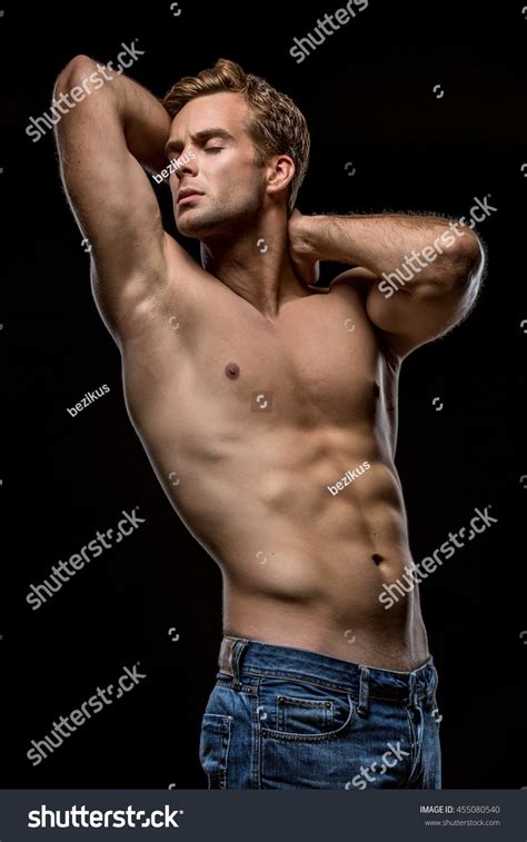 Strong Man Blue Jeans Naked Torso Foto Stok 455080540 Shutterstock