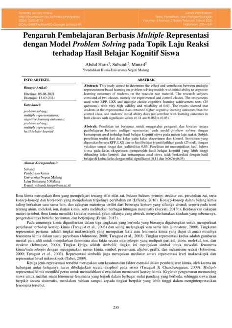 Pdf Pengaruh Pembelajaran Berbasis Multiple Representasi Dengan Model Problem Solving Pada