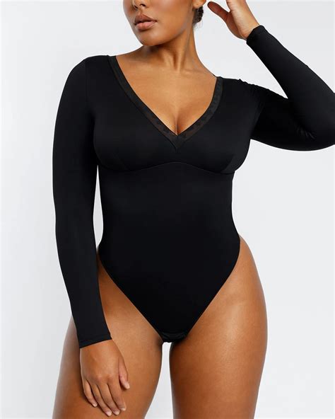 Trim Deep V Neck Bodysuit Long Sleeve Bodysuit Shapewear Shapellx