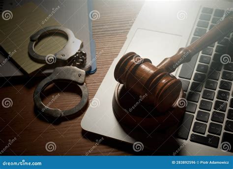 Judge Gavel And Laptop On Wooden Table Stock Photo Image Of Verdict