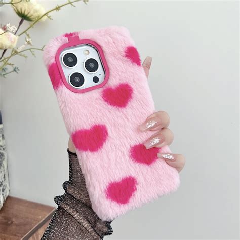 Elehold For Iphone 15 Pro Max Cute Fluffy Case For Women Girls With Love Hearts Pattern Luxury