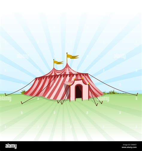 Circus Entertainment Tent Red And White Stripes On Classic Circus Tent On Green Grass Stock