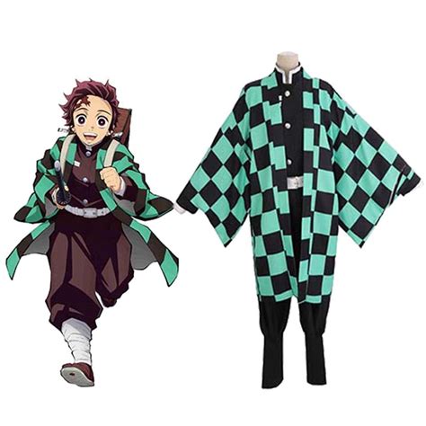 Mens Green Chequer Cosplay Demon Cosplay Tanjiro Costume Outfit Robe