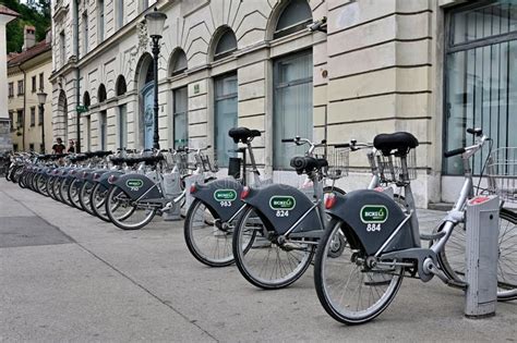 Row Of Parked BicikeLJ Self Service Bike Rental Bicycles Editorial