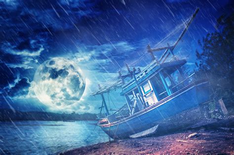 Wallpaper Nature Rain Moon Riverboat Coast Night Time