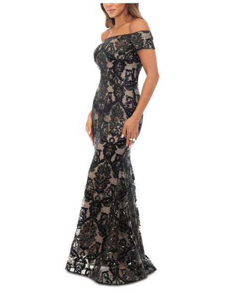 Xscape Sequined Mesh Off The Shoulder Gown In Black Lyst