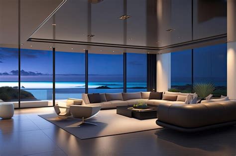 Premium Ai Image A Living Room With A View Of The Ocean At Night