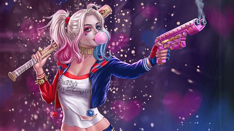 Free Download Hd Wallpaper Harley Quinn Machine Gun Dc Comics Baseball Bat Bubble Gum