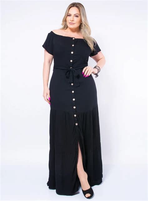 Vestido Longo Plus Size Ombro A Ombro Com Botões Best Size E Commerce