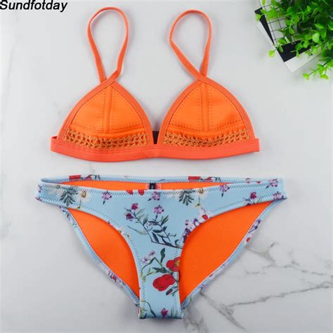 Orange Bikini 2017 Neoprene Swimwear Women Floral Swimsuit Crochet