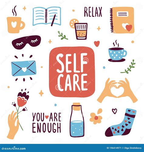 Collection Of Self Care Illustrations Relaxing Slow Life Icons Stock