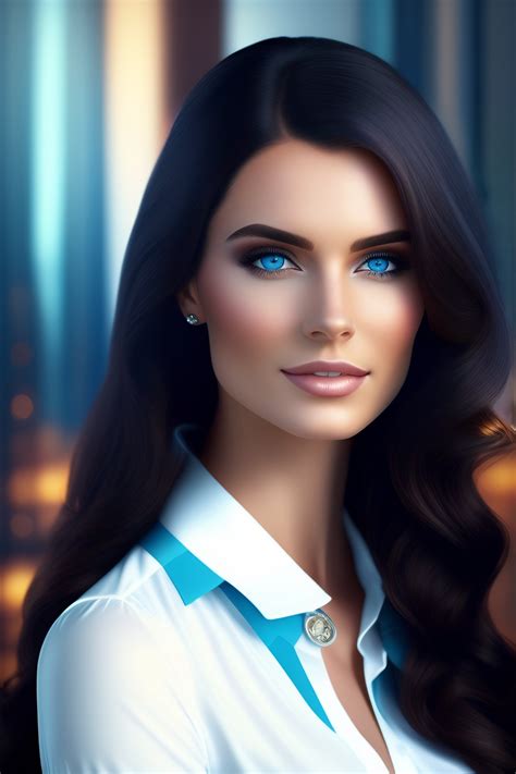 Lexica Pretty Girl Dark Long Hair Blue Eyes Blouse Office Realistic Style