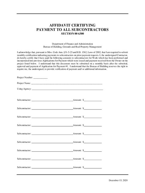 Fillable Online Affidavit Certifying Payment To Subcontractors US