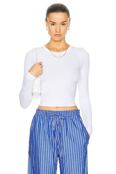 Enza Costa Silk Rib Cropped Long Sleeve Crew Top In White Fwrd