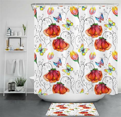 Poppy Blossoms And Butterfly Shower Curtain Watercolor Floral Bathroom