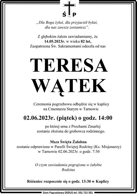 Śp Teresa Wątek A W Derus Usługi Pogrzebowe Tarnów