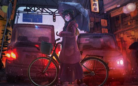 1440x900 Anime Girl Cyle Rain Umbrella Wallpaper 1440x900 Resolution Hd