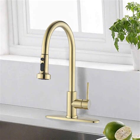 Casainc Brushed Gold Single Handle Pull Down Kitchen Faucet With Sprayer Function Deck Plate