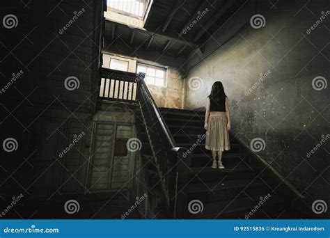 Ghost In Haunted House Mysterious Woman Horror Scene Of Scary Stock