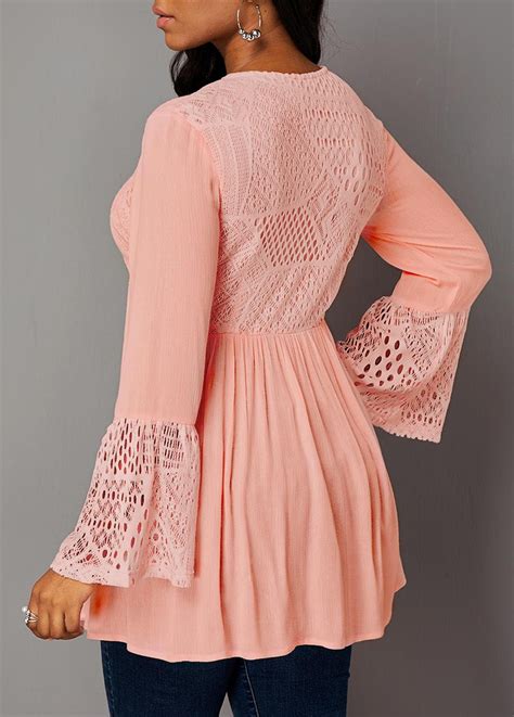 Rotita Lace Panel Button Up Long Sleeve Blouse Usd 31