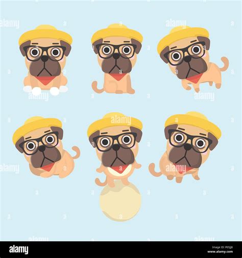 Set Of The Funny Cartoon Pugs Puppies Vector Illustration Stock Vector