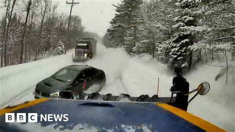 Video Shows Car Crash Into Snowplough On Icy Road Bbc News