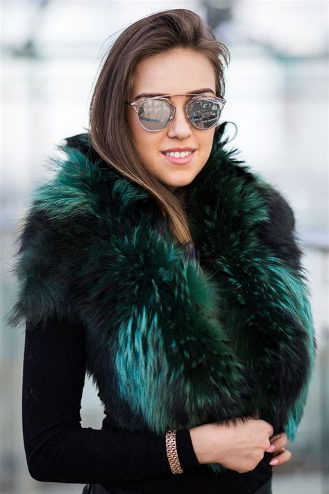 Large Detachable Silver Fox Fur Collar Dyed In Green WOMEN COLLARS