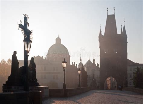 Prague Charles Bridge In The Morning Fog Stock Image Image Of