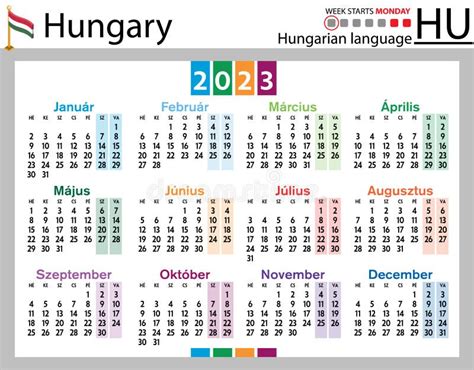 Hungarian Horizontal Pocket Calendar For 2023 Week Starts Monday Stock