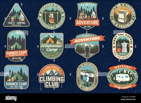 Set Of Summer Camp Patches Vector Concept For Shirt Or Logo Print