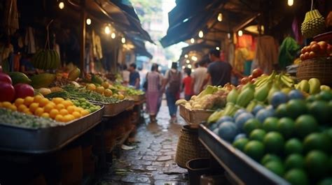 Un Mercado De Frutas Con Gente Caminando Alrededor Y Un Letrero Que