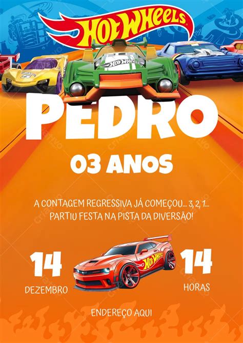 Convite de aniversário infantil Hot Wheels carros de corrida azul e