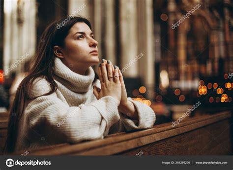 Woman Praying Her Knees Ancient Catholic Temple God Copy Space Stock