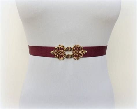 Burgundy Elastic Waist Belt With Gold Filigree Clasp By