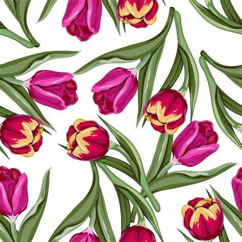 Premium Vector Seamless Floral Pattern With Tulips Flowers Hand Drawn