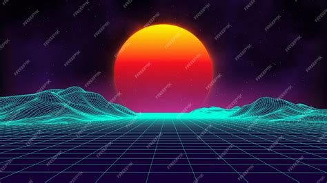 Premium Vector Retro Background Futuristic Landscape 1980s Style