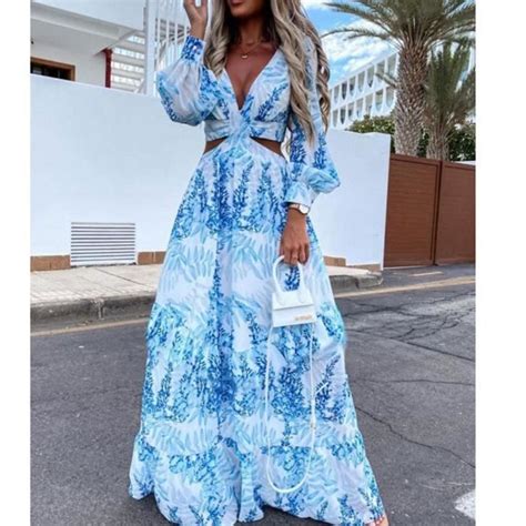 Robe Robe Longue Imprim E Pour Femmes Tunique De Plage Sexy Col En V