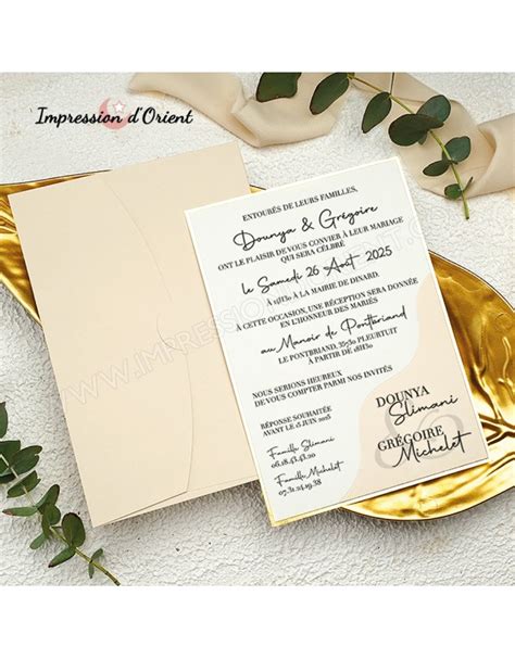 Faire Part Mariage Nude Et Or Avec Enveloppe Personnalisable