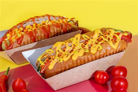 Hot Dog Con Salchicha En Una Caja De Papel Con Tomates Y Chile De Maíz Pepino Y Lechuga Sobre