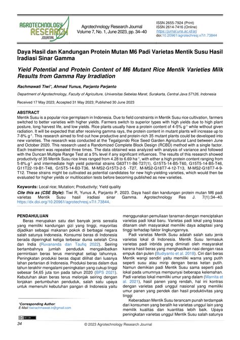 PDF Produktivitas Dan Kandungan Protein Beras Mutan M6 Hasil Iradiasi