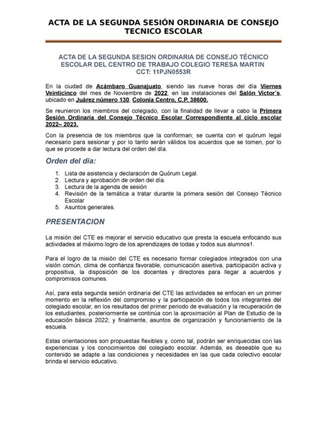 Acta De La Segunda Sesion Ordinaria Del CTE Noviembre TECNICO ESCOLAR