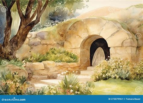 Watercolor Illustration Of The Empty Tomb Carved Out Of Rock In A