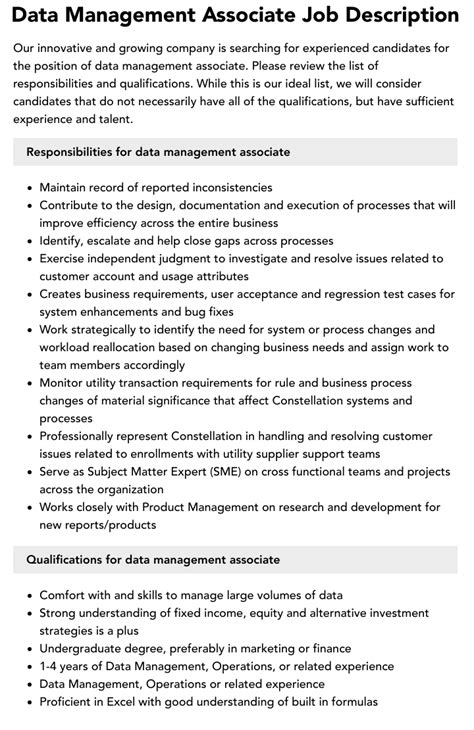 Data Management Associate Job Description Velvet Jobs